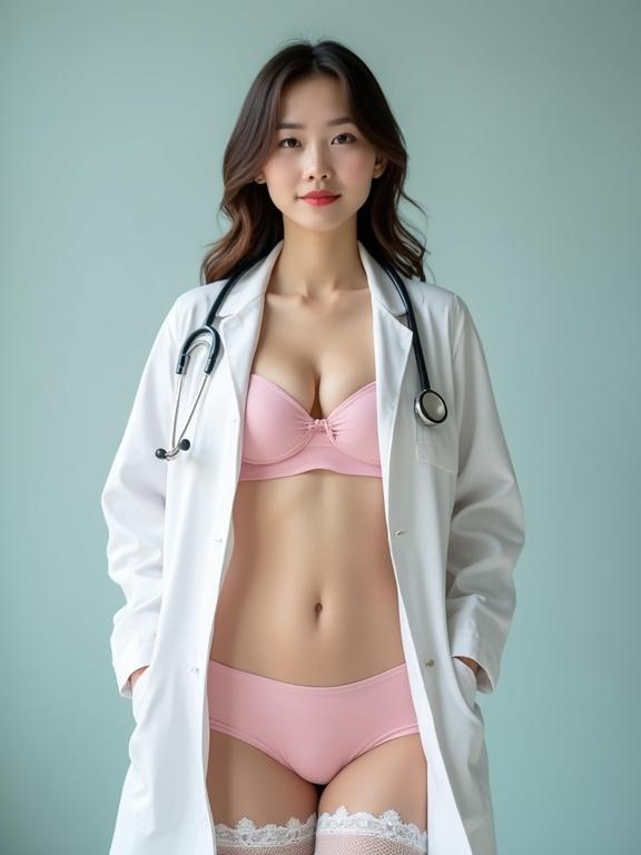 A professional Chinese female doctor in a white coat and stethoscope. She wears pink lingerie with lace stockings. The background is light blue. The atmosphere is warm and inviting. Focus on the doctor as a role model in healthcare. Full body shot.