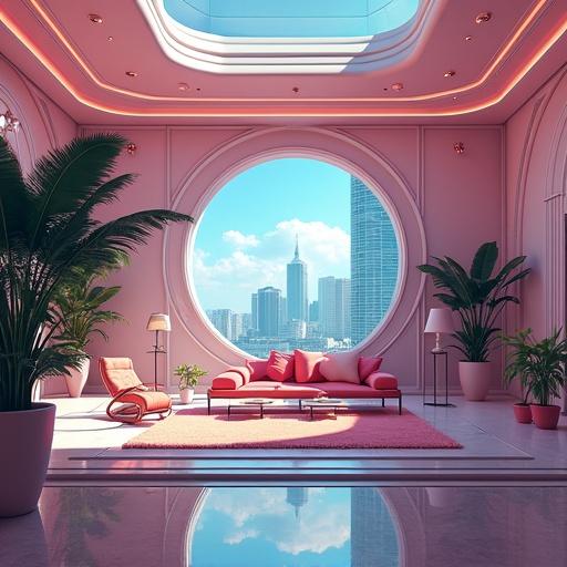 Futuristic and modern music recording studio interior in a luxurious mansion. Large circular window shows the Tokyo skyline. Bright weather with summer vibe. Features plants and modern furniture.