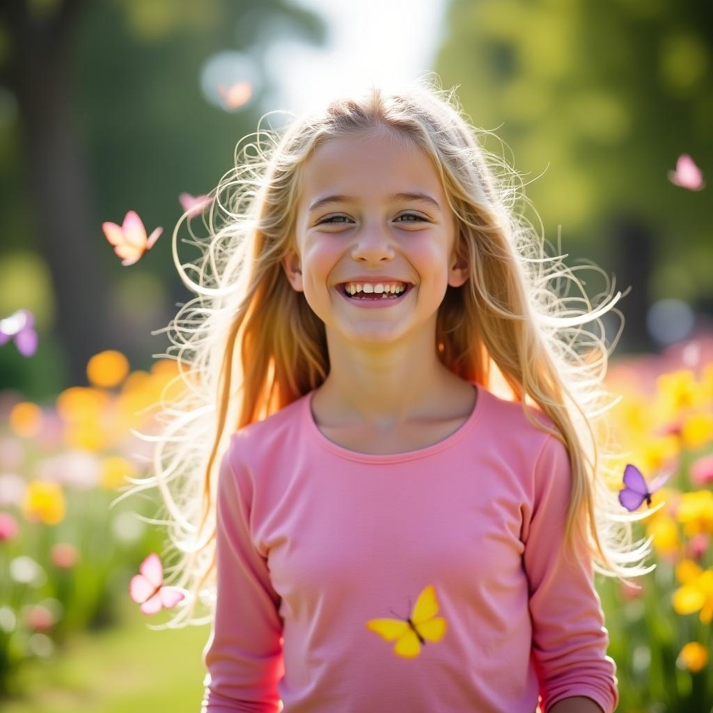 The image captures a young girl, around six to seven years old, with long blonde hair and a radiant smile. She is wearing a pink long-sleeve t-shirt, having fun in a colorful garden filled with flowers and butterflies. The scene is bathed in soft, natural sunlight, highlighting her joyful expression. Fluttering butterflies surround her, adding to the playful atmosphere. This moment reflects pure happiness and the innocence of childhood. It's a picturesque setting that evokes warmth and joy.