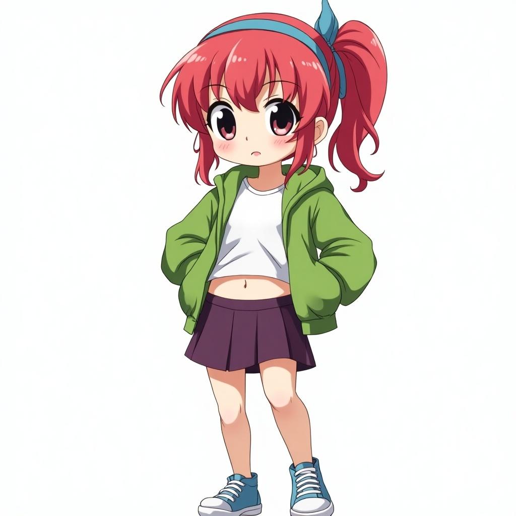 Cartoon character with vibrant red ponytail. Wearing a green jacket over a white T-shirt, showing her belly button. Dark purple skirt and blue sneakers. Character has big dark eyes. Reflects anime fanart style with unique visual effects.