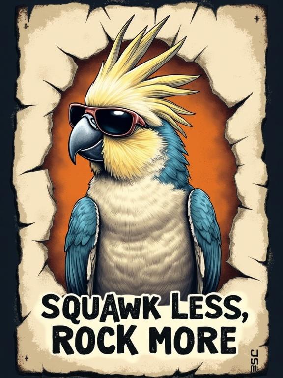 Vintage tattoo style design featuring a cockatiel parrot bursting through ripped parchment. The parrot has a crest raised with head tilted and open beak. It wears retro sunglasses. The slogan 'SQUAWK LESS, ROCK MORE' is displayed beneath in bold caps. The design includes ivory line art with sepia stippling on a transparent background suitable for black tee shirts, portrait orientation, high resolution.