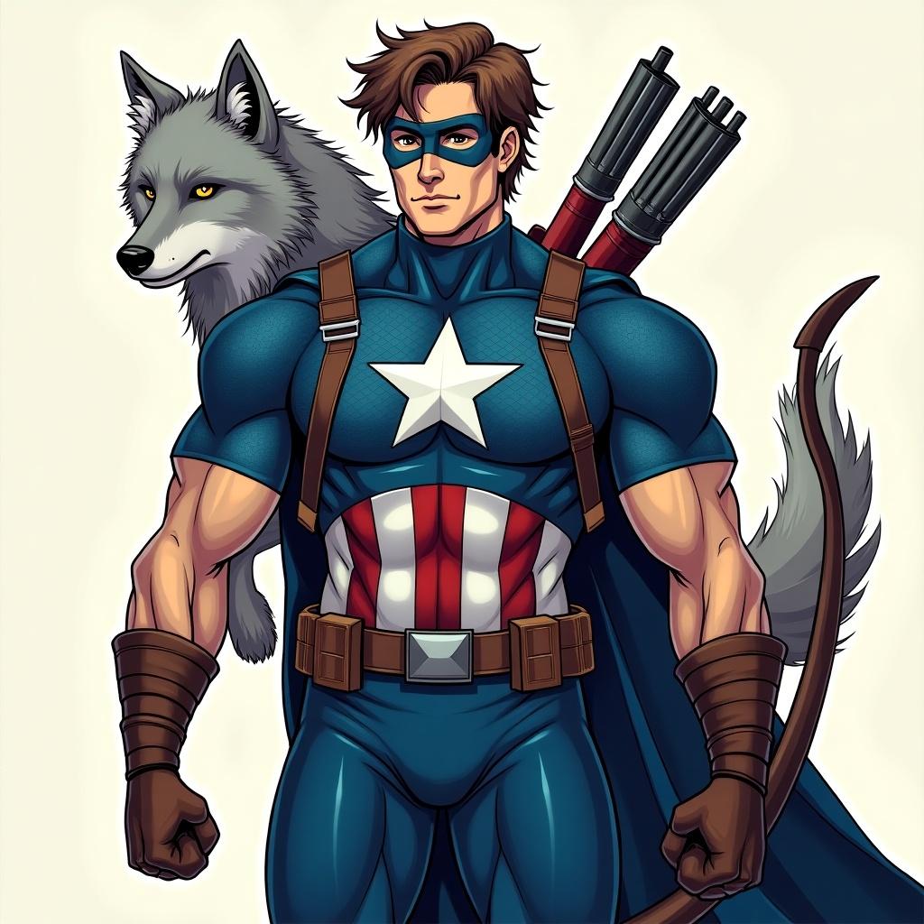 This illustration features a superhero with an athletic physique, combining elements of Hawkeye and Captain America. He has brown hair and dons a striking blue costume, complete with shades of blue and a star emblem. By his side stands a powerful wolf companion, equipped with firearms. The superhero exudes strength, confidence, and readiness for action. The overall composition highlights the bond between the hero and his wolf, under dynamic lighting, evoking a sense of adventure and heroism.