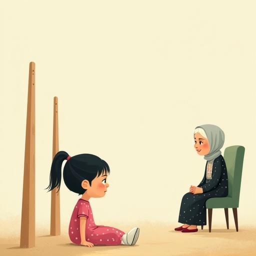 Flat-style illustration for a children's book. A small girl is crying on the ground. She wears a pink dress with white polka dots. Around her are four wooden pillars. One pillar is missing. In the distance, her grandmother sits on a green chair. The grandmother wears a light grey hijab and a long black dress. The scene feels empty and quiet with soft fog.