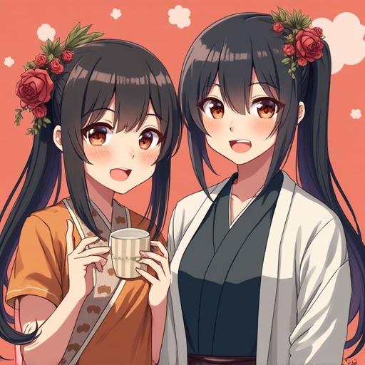 Anime-style illustration featuring two girls. One girl has flowers in her hair and holds a cup. The other girl is wearing traditional clothing. Both are smiling. Background has a peach color.