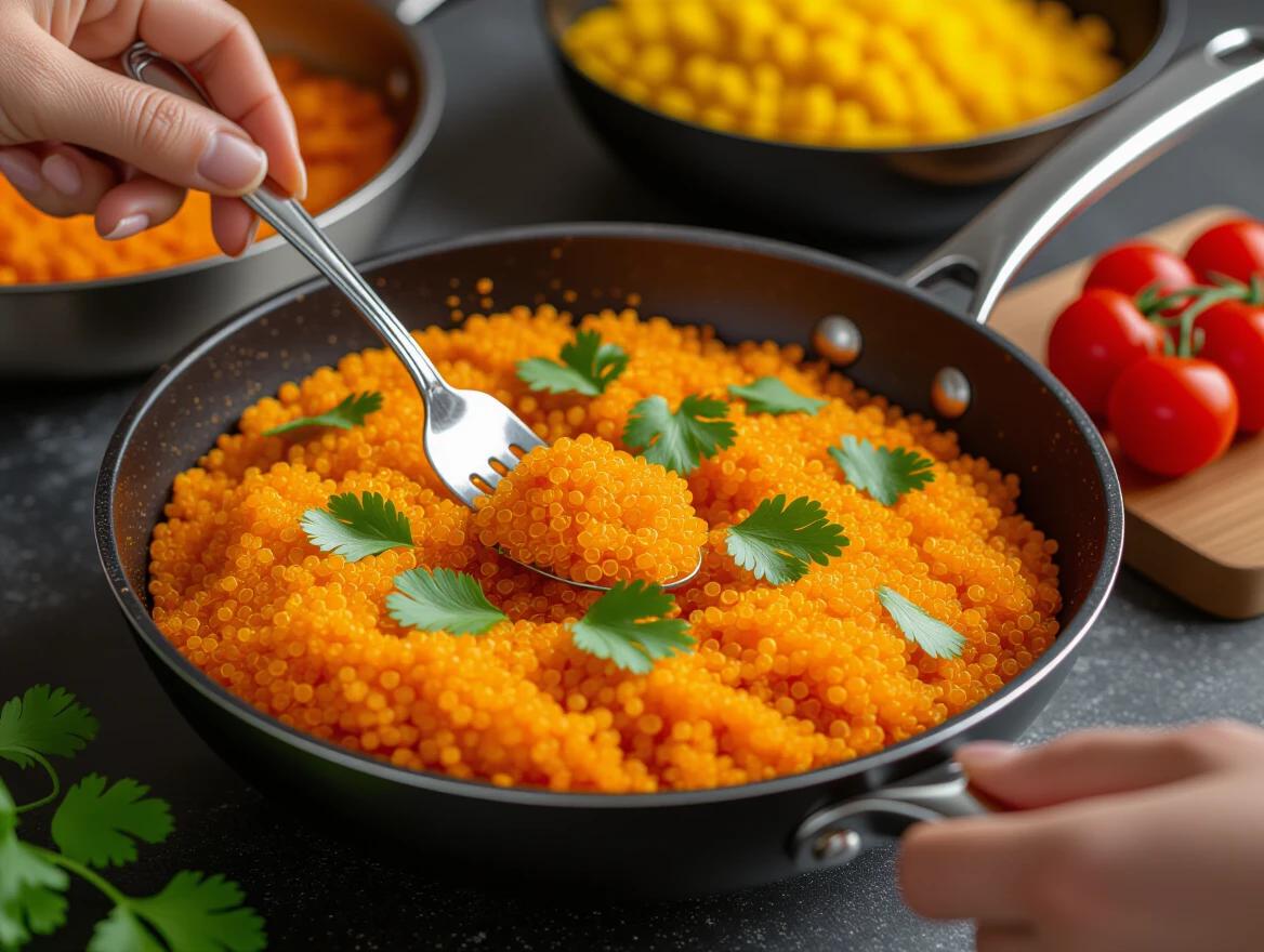 Close-up photograph of vibrant orange quinoa in a black non-stick pan. Silver fork stirring the dish. Fresh green cilantro leaves sprinkled on top. Partial view of a second pan with yellow ingredients in the background. Fresh red cherry tomatoes and wooden cutting board on the right. Kitchen setting with dark countertop. Hands holding pan handle wearing dark apron. Bright natural lighting creates reflections on the cooking surface.