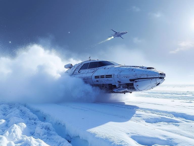 Sci-fi post-apocalyptic ice speeder races across frozen wasteland. Speeder kicks up snow while navigating treacherous terrain. High speed blur effect. Sci-fi sky with lights from orbital station. Terrific blizzard storm background. Dark sci-fi art with cold blue white purple black colors creating a hyperdetailed masterpiece.