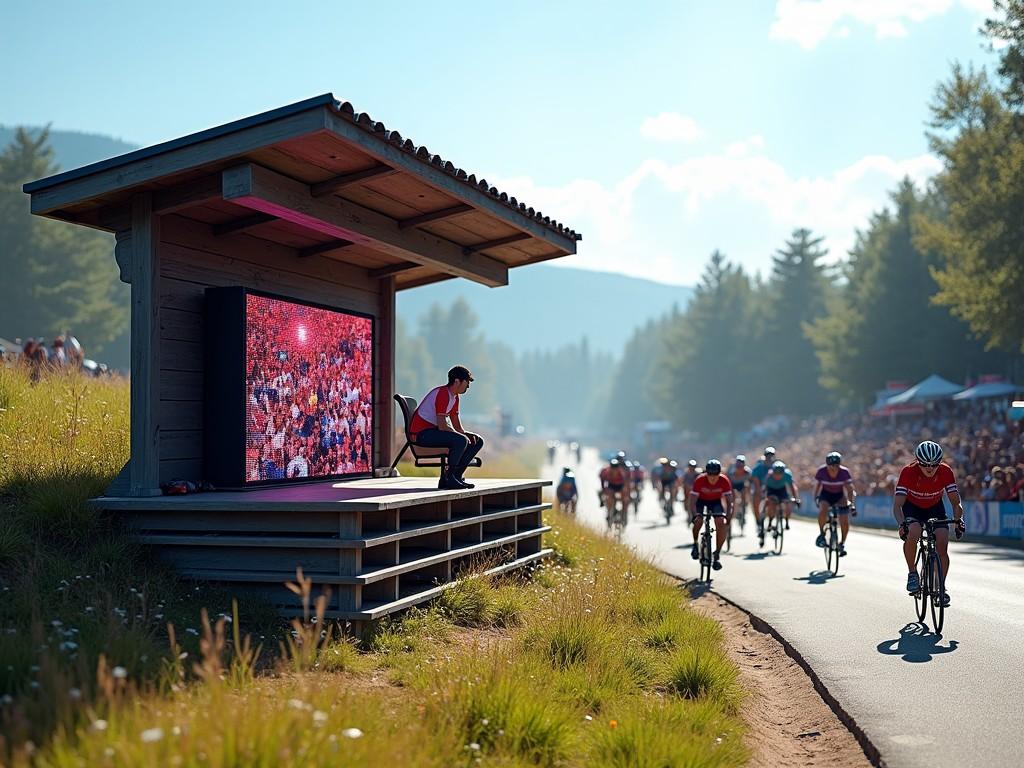 This image captures a lively cycling event taking place in a picturesque outdoor setting. In the foreground, there is a cozy viewing area featuring a large screen displaying an enthusiastic crowd. A person sits on a chair, observing the cyclists zooming past. The backdrop is adorned with towering trees and a clear blue sky, creating a vibrant atmosphere. The cyclists are dressed in bright gear, adding to the colorful scenery. This scene blends sports excitement with a communal viewing experience.