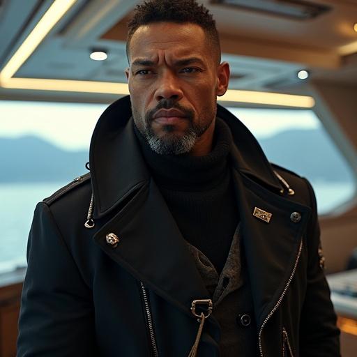 Represents Jerdon Bly, a galactic arms dealer with an imposing presence. Wears elegant clothing with futuristic and military elements. Displays a tough and confident expression. Features technological accessories hinting at power networks. In a luxurious environment like a high-end yacht. Air of tension with shadows suggesting mystery. Dominant figure with dramatic lighting.