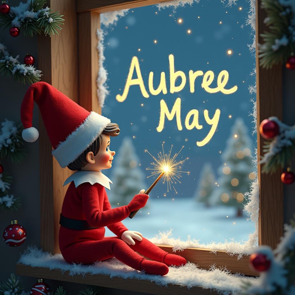 The image depicts an elf on a shelf sitting inside a cozy Christmas window. The elf is gazing outside at a snowy winter landscape where Santa is magically inscribing the name Aubree May in the night sky with a sparkler. The scene is filled with holiday cheer, showcasing festive decorations and a warm glow from the window. Snowflakes gently fall outside, enhancing the wintery atmosphere. This charming illustration captures the spirit of Christmas and the magic of childhood imagination.