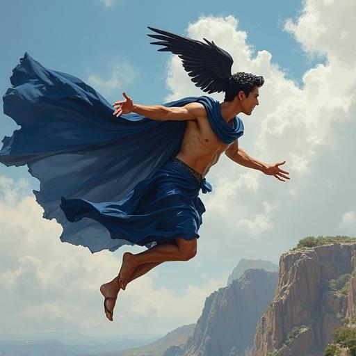 Realistic depiction of Hermes, the Greek god of travel. He flies over Mount Olympus in a navy toga and matching cloak. Raven wings on his hat. He holds a caduceus. Background suggests divine speed.
