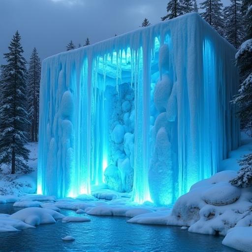 A large magical ice wall illuminated in soft blue light surrounded by snowy trees and a frozen river.