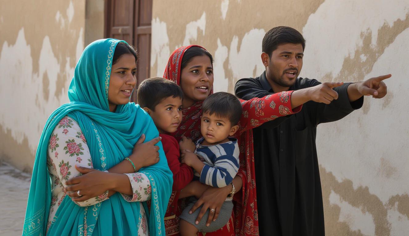 Five individuals are grouped together. The primary focus is on women shielding children. A man is pointing behind them as if in fear. The setting is outdoors with a wall in the background. The women wear traditional attire while the children are held closely.