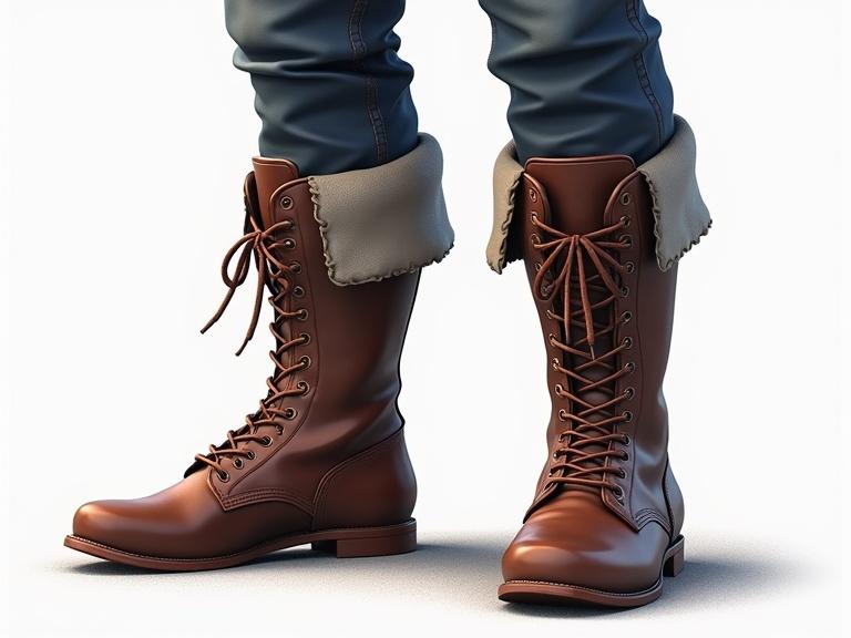 3D model of lace-up boots designed for ARPG graphics. No background. Transparent background.