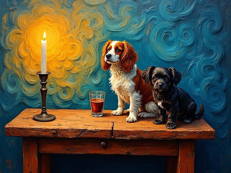 A still life with two dogs on a rustic wooden table. A candle with a golden flame beside them. Background features swirling textures in bold colors. Thick brushstrokes create a tactile quality. Candlelight casts dynamic shadows.