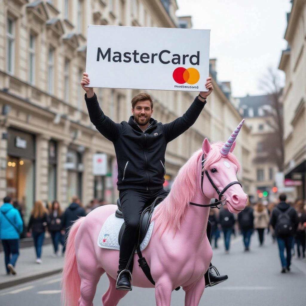 A man rides a pink unicorn. He holds a MasterCard sign above his head. The background is vibrant and magical. The scene is bright and cheerful.