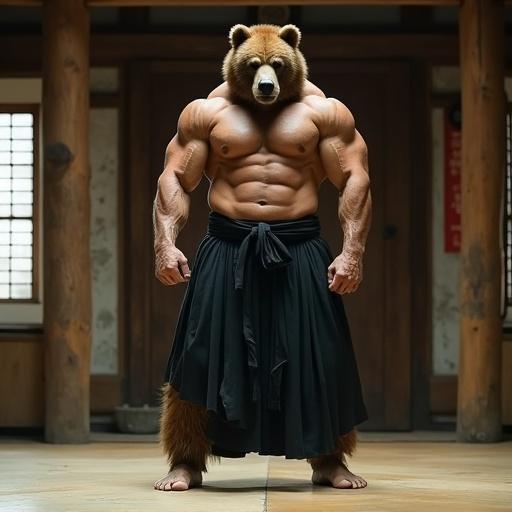 Muscular figure with a bear head stands in traditional dojo. Wears aikido kilt and black belt. Body is bare and muscular. Feet are strong and thick. Shot captures dramatic lighting. Film grain and color grading enhances cinematic feel.