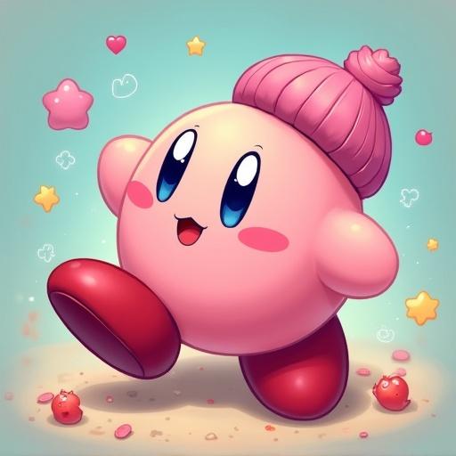 Cartoon character named Kirby with bright pink body. Kirby has big blue eyes and is wearing a pink knitted hat. Colorful stars and hearts surround him. Background is soft and pastel.