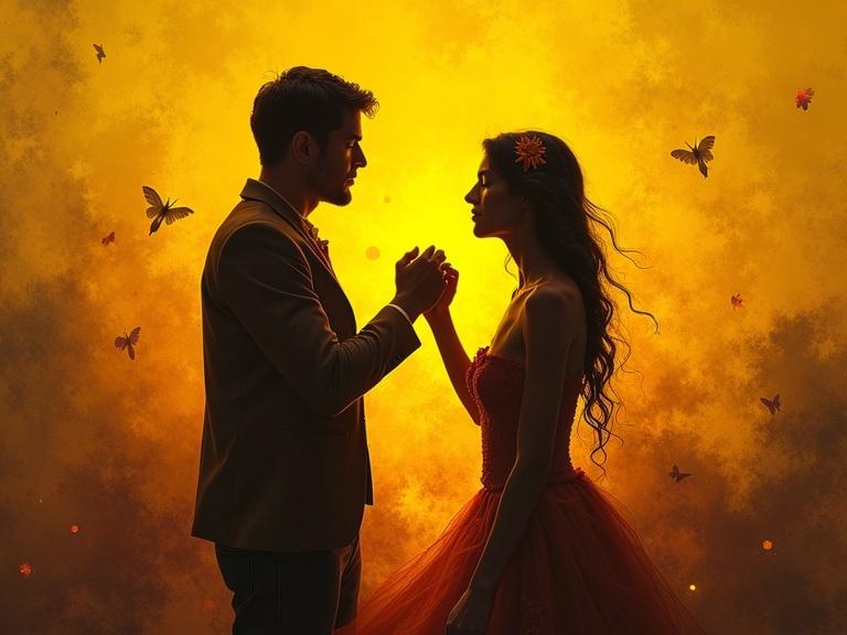 Silhouette of a couple almost touching hands. Soft yellow illumination surrounds them. Gentle butterflies float in the air. A warm, romantic atmosphere created with fire-like effects in the background.