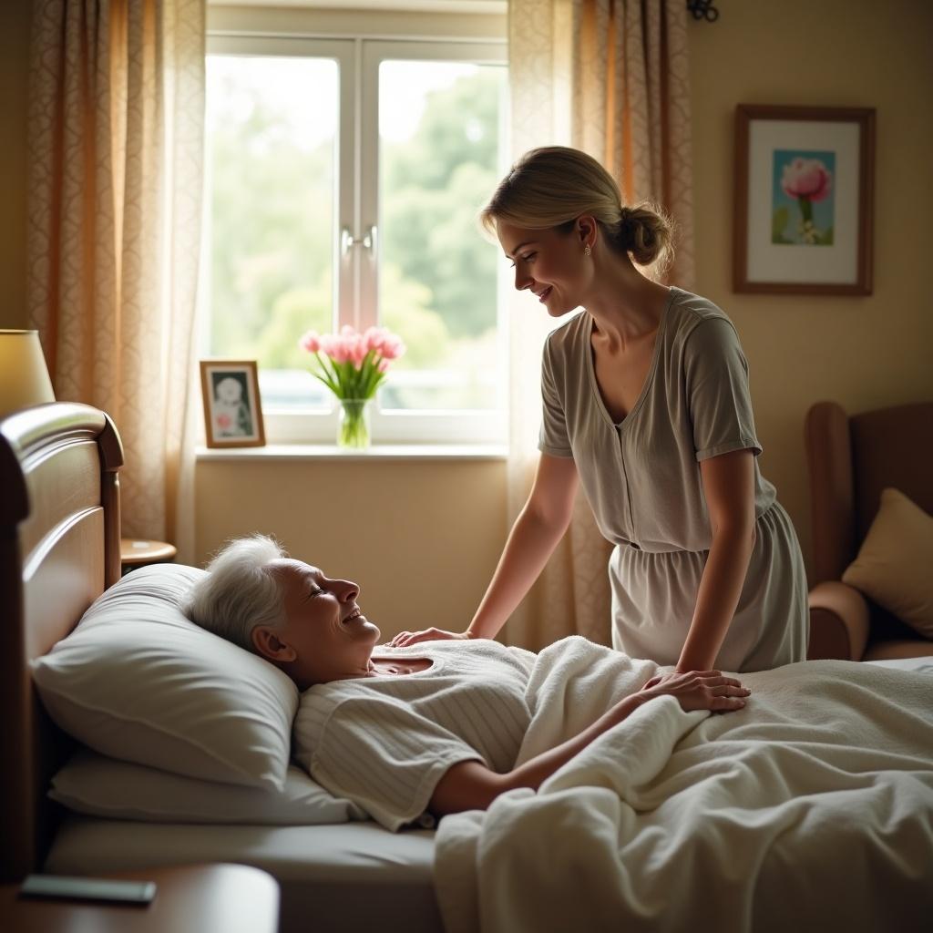 Realistic emotional scene in a nursing home. Beautiful woman in her forties beside elderly mother. Woman has soft features and caring expression. She wears casual yet elegant clothing. Hand resting on the edge of the bed. Warm sunlight streams through the window. Bed is neatly made with a soft blanket. Mother appears peaceful in sleep. Subtle details include a vase of flowers and framed photos. Environment emphasizes comfort and care.