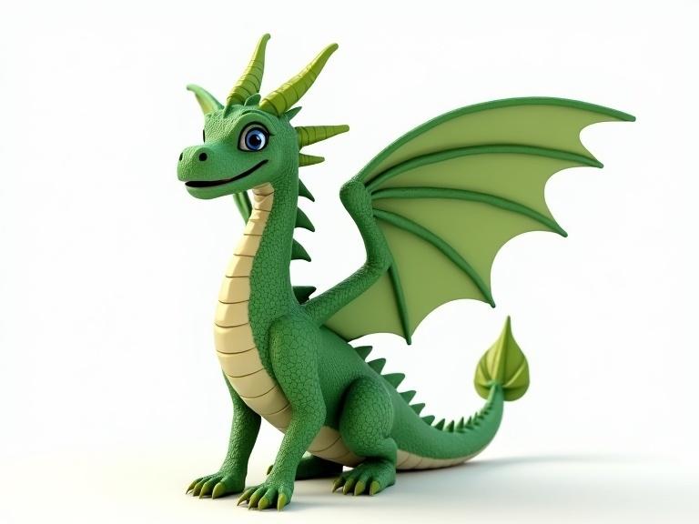 Create a photo realistic 3D figure of a fantasy green dragon against a white background.