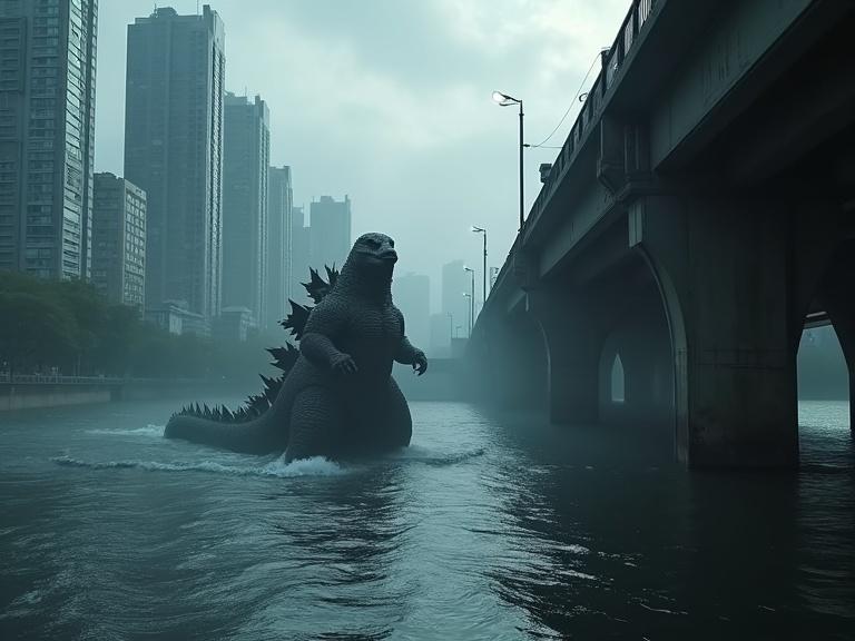 A large creature rises from the water in a river bay. Tall buildings surround the scene. The sky is cloudy and dark. The water reflects the creature and the skyline.