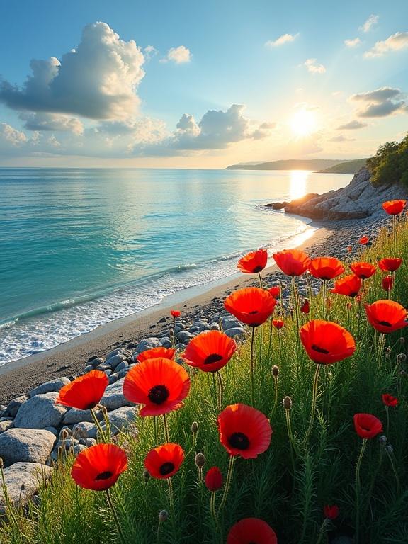 Picture shows beautiful coastal scene with vibrant red poppies along rocky shore. Poppies have delicate petals and dark centers, clustered together. Turquoise sea and calm waves, bright blue sky with clouds, warm sunlight on water. Distant land adds depth to serene landscape.