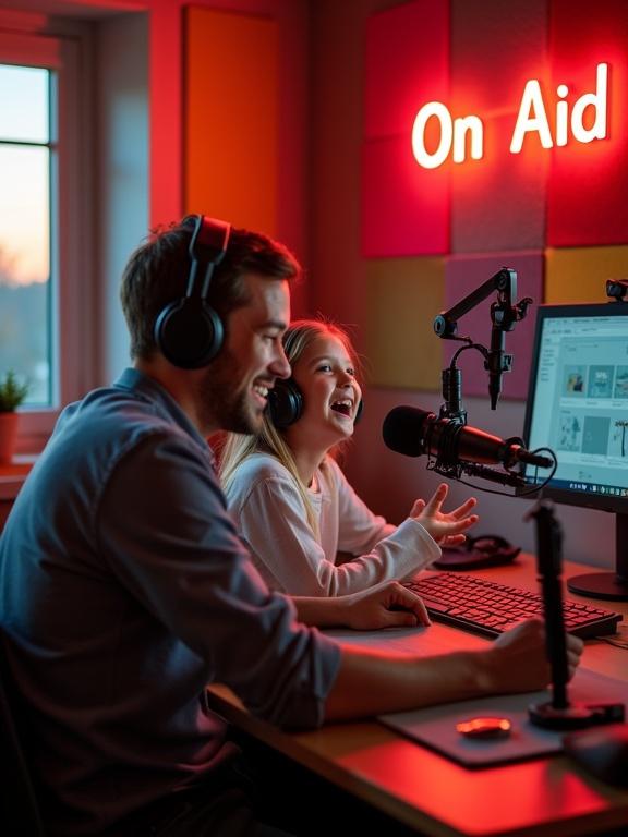 A cozy podcast studio features a kind young father and his daughter hosting a live show with warm lighting colorful soundproof foam on the walls glowing red 'On Air' sign desk with microphones headphones and laptop father smiling warmly daughter gesturing excitedly evening glow through a window joyful heartwarming atmosphere