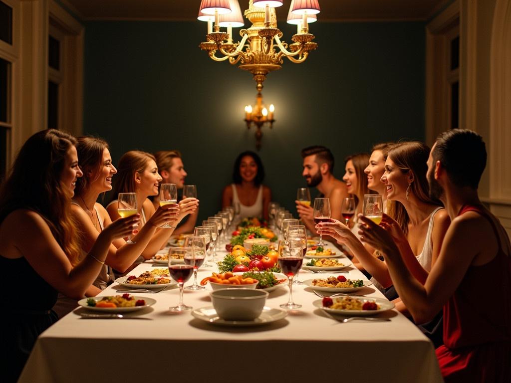 This image depicts a long table set for a group of people gathered for a meal, reminiscent of the Last Supper by Leonardo da Vinci. The guests appear engaged in conversation and are enjoying their drinks, creating a lively atmosphere. The table is adorned with various dishes and drinks, adding to the communal feel of the gathering. The lighting is warm and inviting, with a unique chandelier hanging above the table. The overall scene captures the essence of togetherness, celebrating friendship and shared experiences.