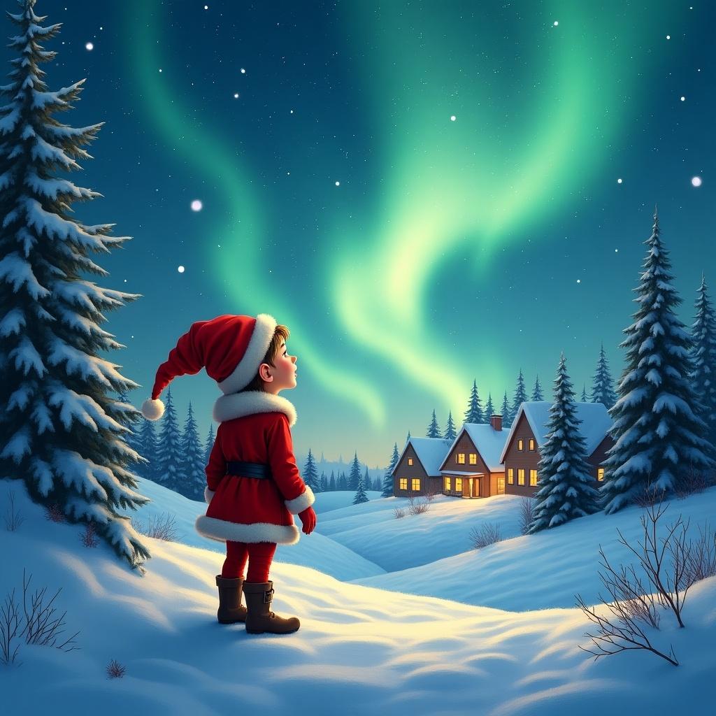 Elf gazes at a magical sky filled with Northern Lights. Background features a snowy landscape with cozy houses and evergreen trees. Scene embodies the essence of childhood magic and Christmas cheer. Happy birthday, Alex!