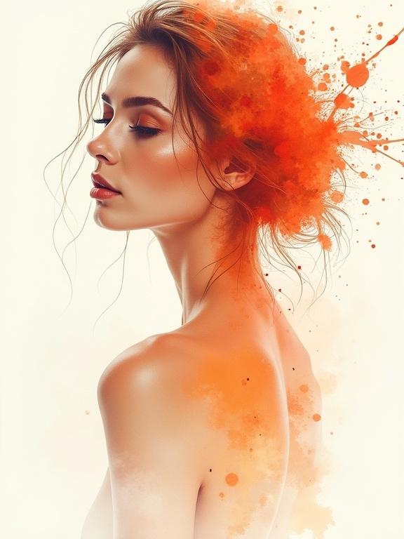Nude female figure in profile surrounded by watercolor splashes. Artwork blends styles. Use of soft lighting and orange palette creates chaotic beauty. A clean background enhances the subject's delicate features.