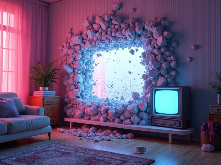 Scene of a living room with a wall broken and exploded television pieces sticking out. Soft pastel colors and high detail in lighting.