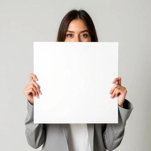 Woman stands holding a blank white square. The square is empty and ready for customization. Soft lighting and neutral tone create a clean image. Business attire appears professional.