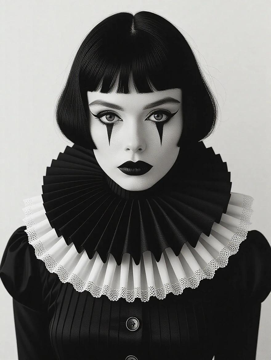Black-and-white surreal portrait photograph with dramatic contrast. A solemn woman with a pale face and dark eye makeup poses in vintage Pierrot attire. Expression is melancholic and distant. She wears a voluminous pleated ruffled collar. Short black bob frames downward-gazing eyes enhanced with heavy eyeliner. The lighting is high contrast and chiaroscuro. Atmosphere evokes gothic cabaret and vintage avant-garde theater with artistic inspirations.