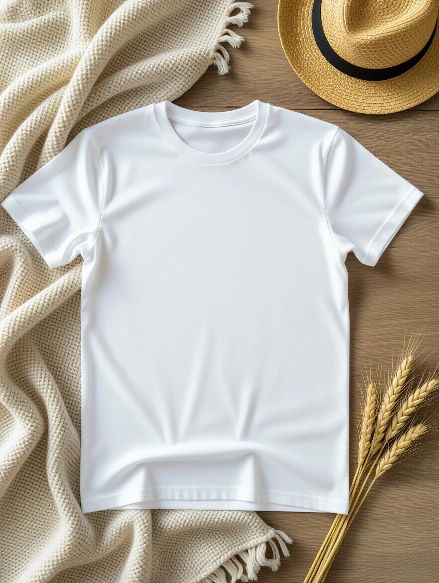 Top-down view of a plain white unisex T-shirt on a linen background. Natural daylight illuminates the scene. The T-shirt appears smooth and wrinkle-free. Soft shadows enhance the texture. A straw hat and wheat elements are included for context.
