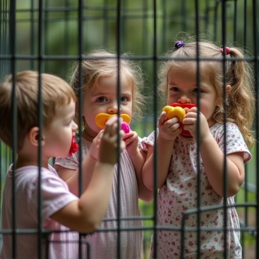 Three children in a cage playfully pretend to be zoo animals while interacting with a mother. They all have oversized pacifiers. The scene captures humor and imagination.