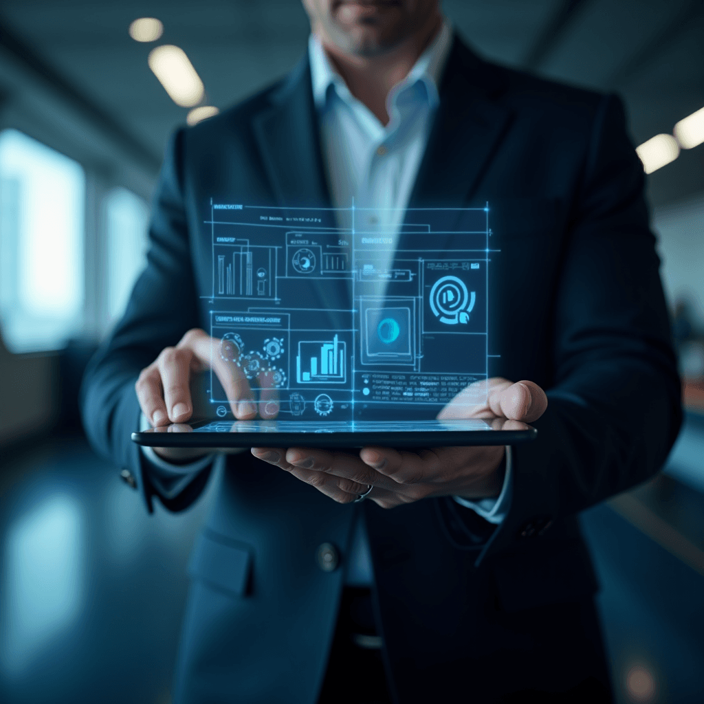 The image depicts a man in a business suit holding a tablet, with a holographic screen projecting above it. The holographic display features various data-related graphics, including bar charts, graphs, and circular data representations, showcasing futuristic technology. The setting is a modern, well-lit office space, and the man appears to be interacting with the holographic interface. The blue and white color scheme of the holographic display contrasts with the darker background, emphasizing the advanced technological theme.