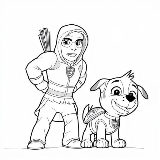 Black outline coloring page featuring Green Arrow and Chase from PAW Patrol. Characters stand together. Simple lines for coloring.