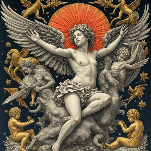 Highly detailed engraving of an angel in a mythological setting. Surrounded by creatures and celestial motifs. Very colorful and intricate.