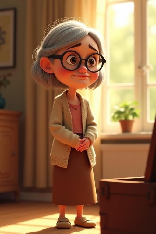 A cartoon scene set in a Pixar-style animated universe. Warm living room with golden afternoon light. The elderly mother stands beside an open chest. She appears slightly hunched with guilt. Her hands are clasped in front of her. Petite woman in her late 70s with silver hair and round glasses. Deep brown eyes. Drawn eyebrows and a tender smile. Wearing a beige cardigan over a rose blouse and long brown skirt. Soft slippers on her feet. The lighting highlights her emotional depth.