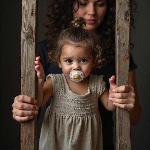 Mother and daughter interact playfully in a creative setup. Girl is playfully positioned in a wooden pillory. She holds an oversized pacifier. The setting conveys warmth and a lighthearted atmosphere.