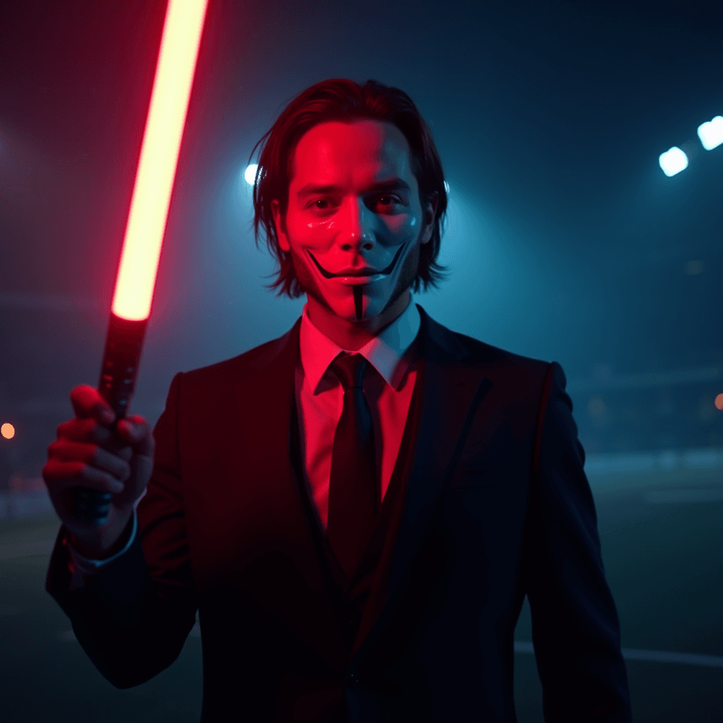 A person in a suit holding a glowing red saber while wearing a Guy Fawkes mask in a dramatic, dimly lit setting.