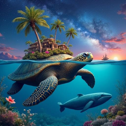 Split level view features a massive sea turtle carrying a palm tree village on its back. Whale swims beside the turtle. Colorful flowers decorate the scene. The background shows a vibrant Milky Way and comet.