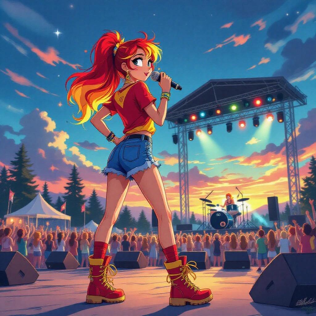 Sunset Shimmer at summer music festival. She watches band performance on main stage. Sunset background with colorful sky. Human girl with red and yellow hair. Wears red and yellow shirt, denim shorts, red socks, shiny red hiking boots.