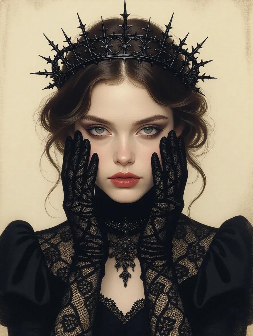A young woman wears a thorny black circlet and obscures her face with intricate black lace gloves. Her expression is mysterious and brooding, reflecting a sense of melancholy and regal power. The oil painting embodies dark fantasy elements.