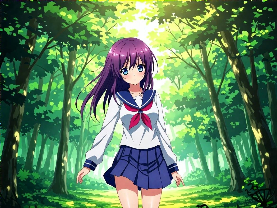 Anime girl in a school uniform stands in a forest. Bright cinematic lighting creates a magical atmosphere. Green trees surround her as she walks. Character has purple hair and looks confident.