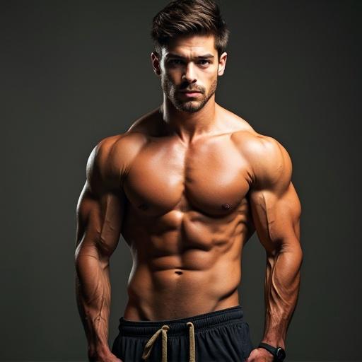 Image of a muscular male model with defined abs wearing athletic shorts. The setting features dramatic lighting focusing on the physique.