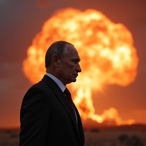 A man in a suit stands in front of a massive explosion. The scene is dramatic with vibrant colors in the sky and an ominous background of a nuclear blast.