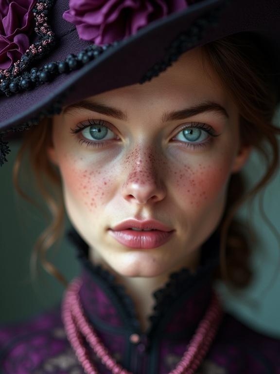 Close-up portrait of a woman with blue eyes and freckles. Elaborate dark purple hat with voluminous decor and lace. High-necked dark purple blouse with a pattern and reddish-purple beaded necklace. Soft illumination highlights facial features. Natural textures in skin and fabrics. Shallow depth of field. Slightly angled view with direct eye contact.