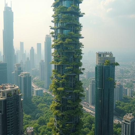 Aerial view of a central business district featuring a tall skyscraper covered in greenery. The building represents modern urban architecture with shared gardens. Nearby structures are high-rise buildings in a bustling cityscape. The scene emphasizes sustainability in urban design.
