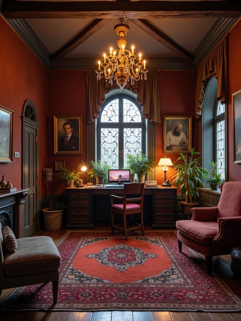 An elegant home office with vintage decor. A beautiful red wall and wooden beams. The room has a large window with plants. The desk contains a computer. A comfortable chair is placed at the desk. A chandelier hangs from the ceiling. Two portraits are on the walls. There is a cozy armchair in the corner. A decorative rug is on the floor.